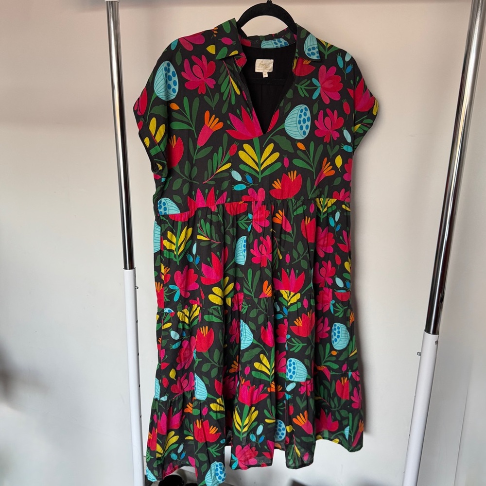 Vibrant Floral Midi Dress - Black and Multicolor